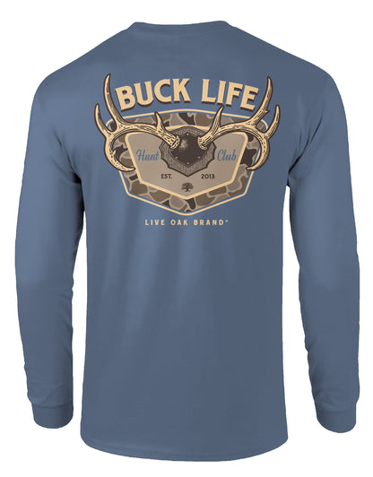 LIVE OAK BRAND BUCK CAMO BADGE, ADULT LS BLUE JEAN