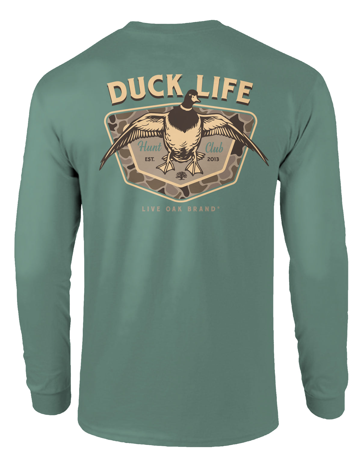 LIVE OAK BRAND DUCK CAMO BADGE, ADULT LS LIGHT GREEN