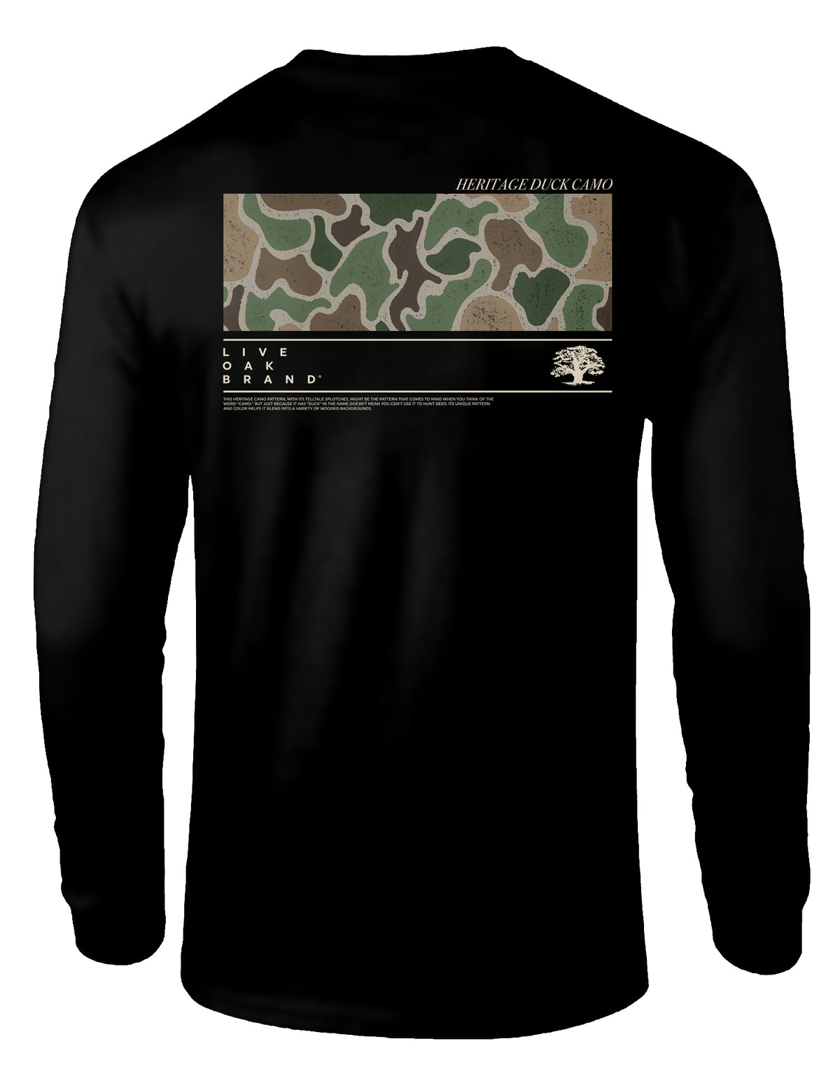 LIVE OAK BRAND OLD SCHOOL CAMO, HERITAGE DUCK, ADULT LS BLACK