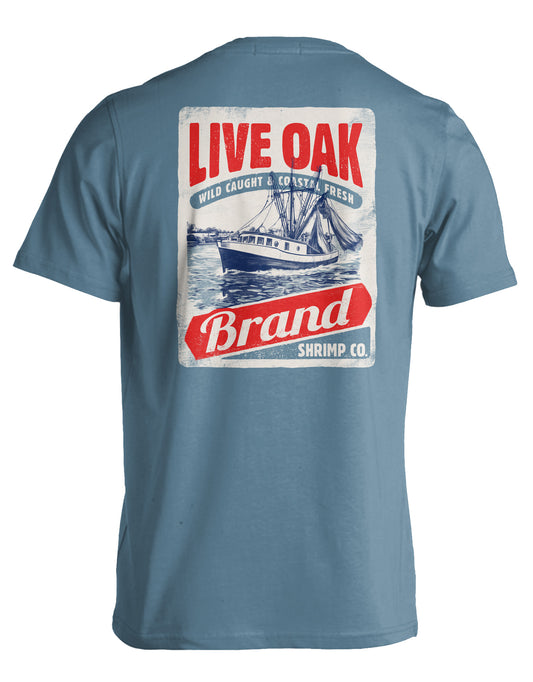 LIVE OAK BRAND SHRIMP BOAT LABEL ICE BLUE